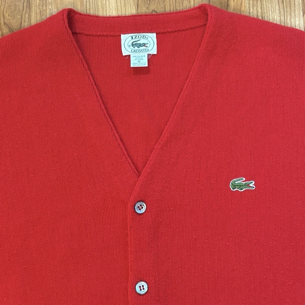 Vintage Izod Lacoste Cardigan XL Red Crocodile Logo Made In USA Grandpacore Flaw